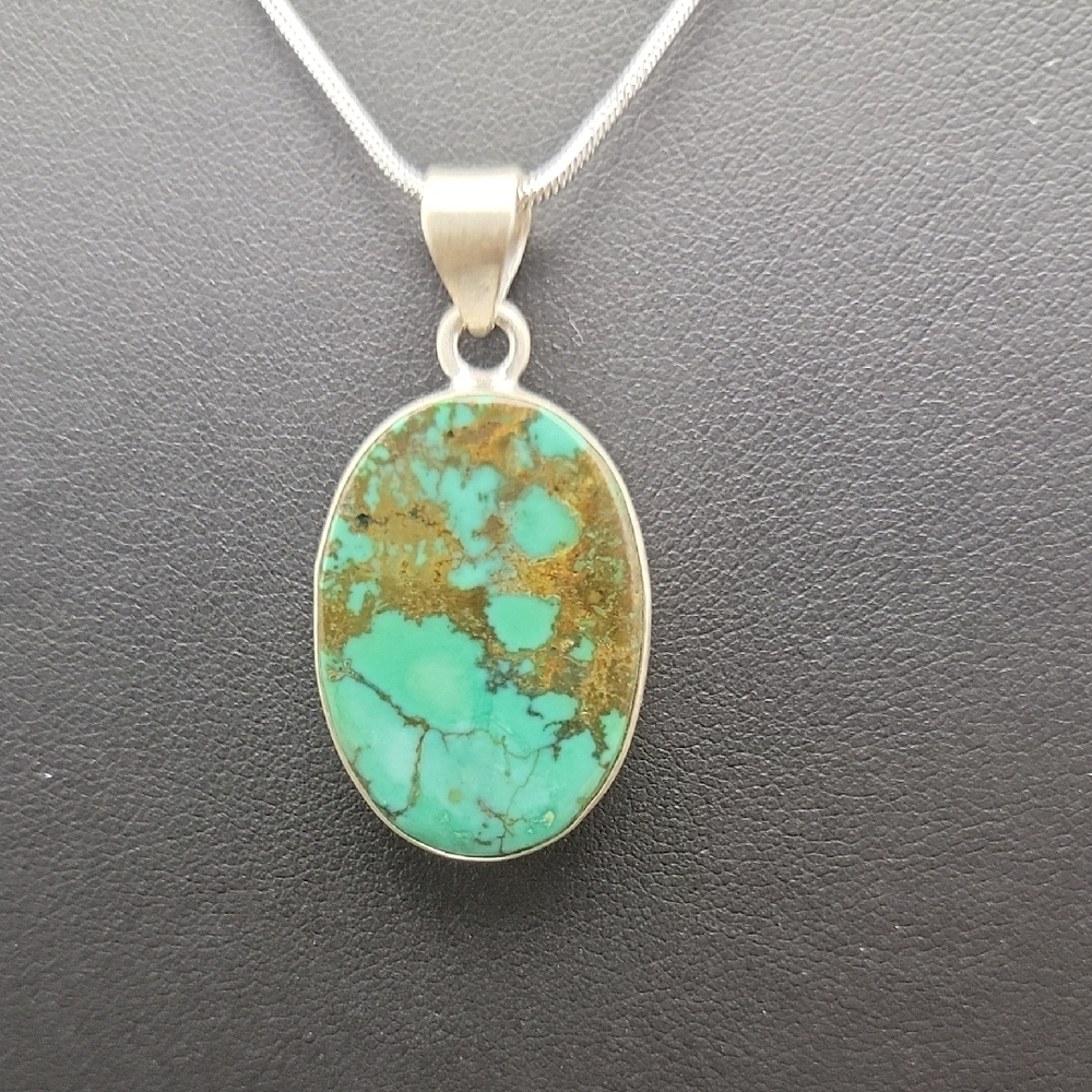 Kingman Morenci Turquoise 925 Sterling Silver Open Back Cabochon Pendant Unisex